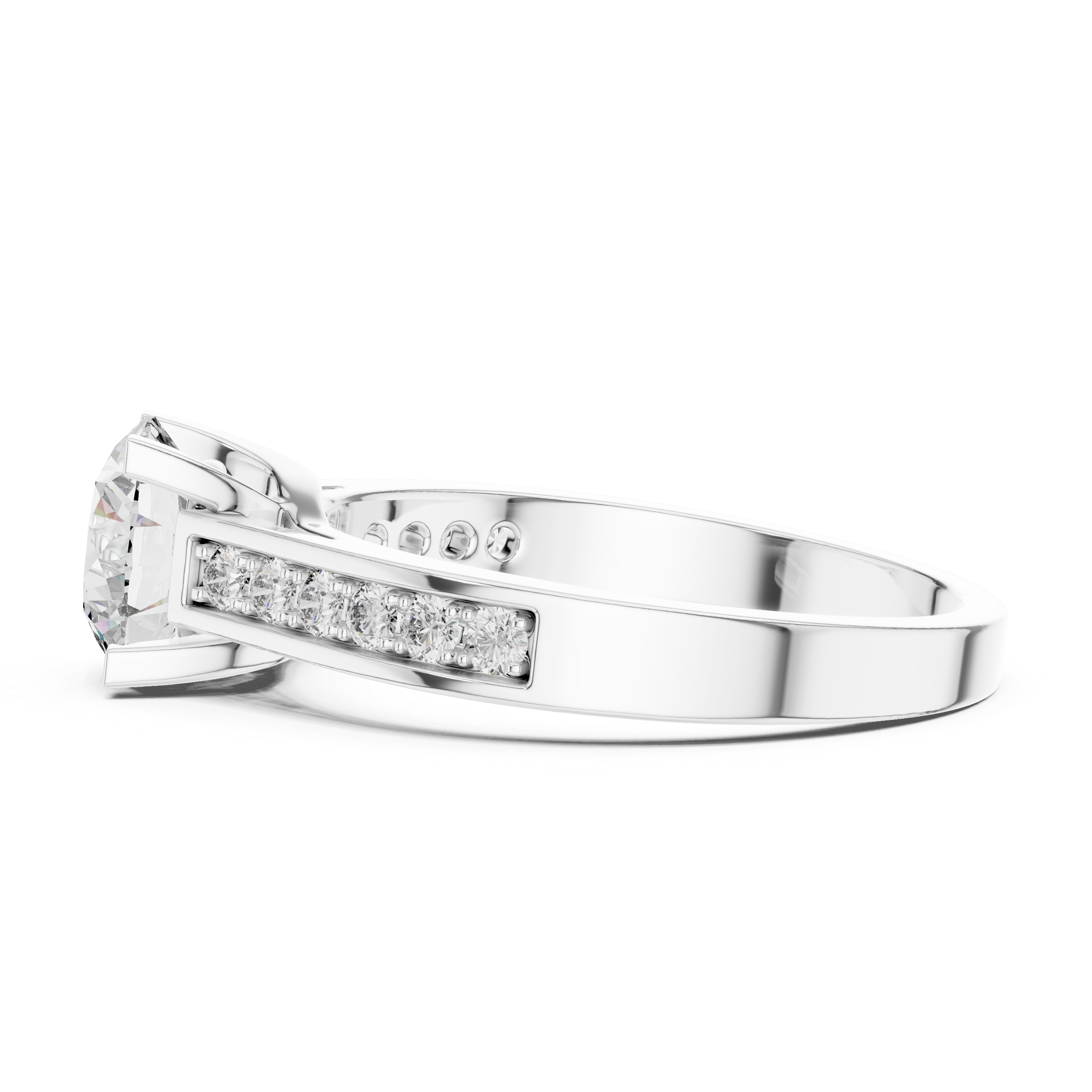 Silver ring with diamond accents on a white background